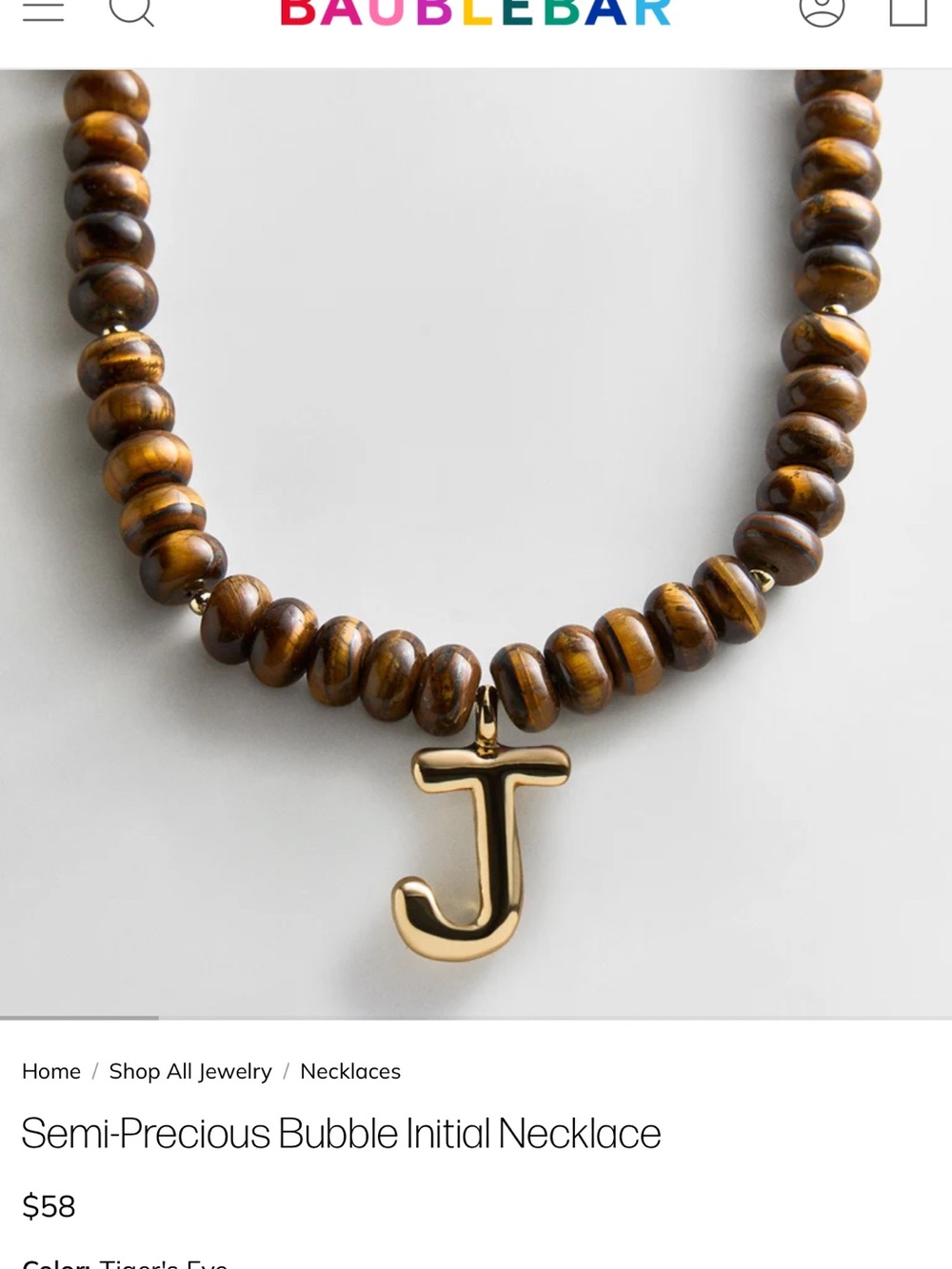 BaubleBar NWT Semi-Precious Bubble Initial Necklace with Gold 'J' in Tiger’s Eye - Picture 5 of 7